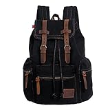 P.KU.VDSL, Rucksack aus Segeltuch, Vintage-Look, Leder, für Laptop, Serie „Augur“, für Herren und Damen, A - Black (Mehrfarbig) - HF1039