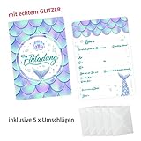 nikima Schönes für Kinder 5 Einladungskarten Meerjungfrau mit Glitzer inkl. 5 Transparenten Briefumschlägen Kindergeburtstag Mädchen Einladung Party