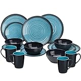 Melamin Geschirr Geschirrset 4 Personen Steingut Optik Campinggeschirr Tafelservice 16 teilig blau-schwarz - Tafelgeschirr Camping O