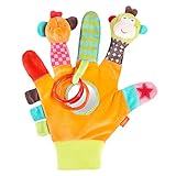 Fehn 074604 Spielhandschuh Safari – Fingerpuppen-Handschuh Affe und Elefant mit Rassel und Quietsche für Babys und Kleinkinder ab 0+ M