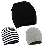 Durio Baby Mütze Jungen Mädchen Unisex Babymütze Kleinkind Wendemütze Jersey Slouch Beanie Mütze Infant Hut 3er Pack Schwarz Streifen u. Hellgrau 1-4 J