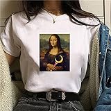 RuaRua T-Shirt Damen,Grafisches T-Shirt, Mona Lisa Ölgemälde, Frauen T-Shirts, Künstlerisches Harajuku Ästhetisches Ulzzang Übergroßes T-Shirt, Koreanische Kleidung, Weiß 14,XXL