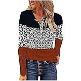 vijTIAN difine Pullover Damen Leoparden Farbblock Sweatshirt Langarm Knöpfen-Ausschnitt T-Shirt Sweatshirts Damen Ohne Kapuze Pulli Herbst-Winter Mode Lässig Spitze Langarmshirt Oberteile Top