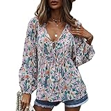 Boho Tunika Damen Spitze Blusen Elegant Rundhals Langarmshirt Einfarbig Spitzenbluse Loose Oberteil Mit Floral Mode Patchwork Shirts Top Blumen Locker T-Shirt Casual Longshirt 2022