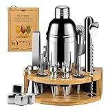 Wepikk Cocktail-Shaker-Set, Mixologie, Barkeeper-Set, 17-teilig, Bambusständer, Martini, Whiskey, Getränkemixer, Vintage-Cocktailrezepte und Whisky-S