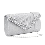 Gabrine Damen Abendtasche / Handtasche / Clutch, glänzend, Pailletten, Stoff für Hochzeit, Party, Abschlussball, Plissee Flip Silber Strass, Einheitsgröß