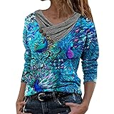 Bluse Damen Elegant Langarm Sexy: Vintage Blumendruck Oberteile Tunika mit Knöpfen und V Ausschnitt Pullover Übergröße Sweatshirt mit Knopf Herbst Winter Langarmshirt mit Motiv Pulli Bluse Top