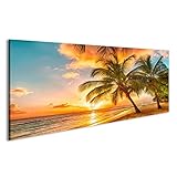 Bild Bilder auf Leinwand Schöner Sonnenuntergang über dem Meer mit Blick auf Palmen am weißen Strand auf einer Karibikinsel von Barbados Wandbild, Poster, Leinwandbild KJB