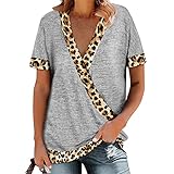 NPRODLO Damen Tunika Tops Große Größe Kurzarm Criss Cross Tiefer V-Ausschnitt Leopardenmuster Lockere Passform Blusen T-shirts Hemden Frauen lässig Sexy Farbblock Baumwolle Leinen Bluse Shirt Crop Top