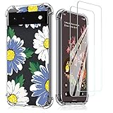 Niboow hülle Kompatibel mit Google Pixel 6, [Mit 2PCS 9H Panzerglas] TPU Silikon Schlank Schutzhülle, Clear Blumenmuster Handyhülle Friendly Kompatibel mit Google Pixel 6-Blau/Weiß