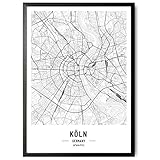 JUNOMI® Köln Poster XL Schwarz Weiss, DIN A2 Wohnzimmer Deko, Modernes Wandbild, Köln Bild, Wandbild ohne Rahmen, Stadtplan Poster Köln, Karneval, perfekte Geschenkidee für Kö