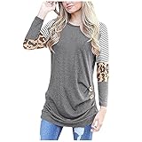 Damen c T-Shirt Langarm Trim Leopard Bluse Rundhals Lose Knopf Tunik