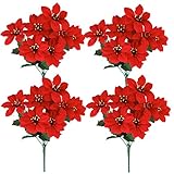 Homcomodar Künstliche Weihnachtsstern 4 Stücke Seidenblume Poinsettia Blumenstrauß Weihnachtsblume Künstliche Blume Ornamente für Hochzeit Weihnachten Festival Indoor Outdoor Dekoration(Rot)