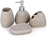 ADSE Seifenflasche Naturkies und Harz Badezimmerzubehör 4 teiliges Set, Zahnbürstenhalter Zahnputzbecher Seife Seifenschale Set Badezimmerdekoration Geschenk Küche (Beige)