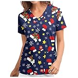 MOKBAY Frauen Weihnachtsdruck Langarmshirts Kurzarm V-Ausschnitt Tops Arbeitsuniform Taschenbluse Damen Blusen Shirt Damen Tunika Kleid Damen Große Größen Cartoon Bluse Damen T S