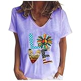 Fashion Love Print T-Shirt Tops für Frauen Kurzarm V-Ausschnitt Sommer Tops Casual Tee Bluse Plus Size Tunika Tops für Damen Gr. XXL,