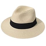 DRESHOW Damen Panama Hut Breiter Krempe Stroh Sommer Fedora Strohhut Panama Aufrollen Hut Strand Rollbar UV Sonnenhut UPF 50 +