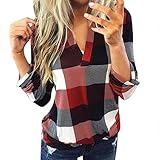 Routinfly Damen Langarm Shirt kariertem Drucken Stehkragen Hemdoberteil Freizeithemd Slim Jacket Shirt Oberteil S-3XL