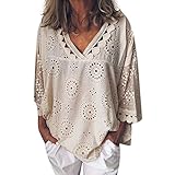 Damen Spitzen Top Langarmshirt Elegante Oberteile Vintage Blusen Lose Hemd Mit Spitze Chiffon Bluse 3/4 Arm Tunika V Ausschnitt Shirt mit Volant Trompetenärmeln Plus Size S-5XL Große Größ