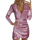 BOTCAM Partykleid Damen Sexy Glitzer Abendkleider: Für Hochzeit Frauen Einfarbig V-Ausschnitt Langarm Slim Fit Minikleid Sexy Kurz Eng Cocktailkleid Mädchen Prinzessin Damen Glitzer Tunik