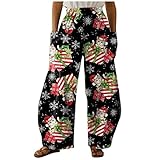 YANGQI Hose Damen Winter Gefüttert Weihnachtsmann Geschenk Schneemann Geometrischer Druck Mode Casual Große Größen Lockere Mit Taschen High Waist H