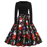 RMBLYfeiye Weihnachten Vintage Rockabilly V-Ausschnitt Übergröße Kleid Damen Langarm/Kurzarm Retro Elegant Sich Beugen Kleid Festliche Cocktailkleider Party Kleider für Halloween Lässig