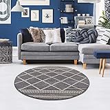 carpet city Teppich Ethno Wohnzimmer Grau - 120x120 cm Rund - Raute-Berber-Muster - Boho-Teppiche Kurzflor Modern - Tricolor Soft&Weich - Flachflor S