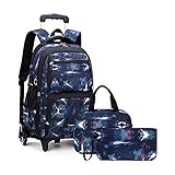 MSHENUED 3 stücke Kinder Rolling Rucksack, Jungen Student Rolling Laptoptasche Trolley Tragen Gepäck Mit Essensbeutel und Federmäppchen für Elementary, Senior High School,B