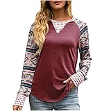 Damen Hemd Mode Oberteile Langarm-Pullover Shirts mit Rundhals Heftdruck T-Shirts Einfachheit Lange Ärmel Oberteile Bluse Frühling Lose Bohemian Tunika Tops (Wein,XL)