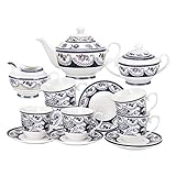 fanquare 15 Stück Blau Porzellan Tee Sets,Vintage Blumen Keramik Kaffee Set,Tea Party Set für Erw