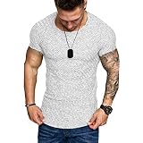 T-Shirt Herren Sommer Sport Rundhals Shirt Slim Fit Drucken Oansatz Kurzarm Bluse Outdoor Sweatshirt Männer Jogging Trikot Weiß S