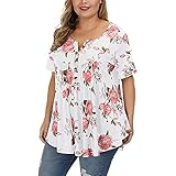 Damen Casual Bluse V-Ausschnitt Button Up Tunika Tops Shirts Damen Tops Buttons Up Henley Shirt V-Ausschnitt für Damen Casual Flower Shirts Lose Damen Bluse Kurzarm Button Up Casual Tops T-S