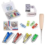 Genround Schrägbandformer Set, Fabric Bias Tape Maker Tool Set mit 4 Schrägbandformer, 4 Stoffclips, 1 Holzahle, 1 Einstellbar Schrägbinderfuß, 50 Stück Kugelzapfen, zum Nähen DIY S