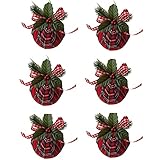 BaiJaC Weihnachtsdekoration,6pcs.Weihnachtsbüffel-Plaid-Ball-Ornamente,2.4inch rote Büffel-Plaid-Ball-Ornamente mit Kiefer,Bogen&Rötbeeren,for Weihnachtsbaum-Party-Dek