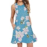 Riou Sommerkleid Damen Kurze Boho Blumen Sexy Ärmellos Blumen Strandkleid mit Tasche für Frauen Beach Strand M