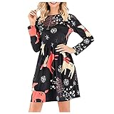 Alwayswin Damen Langarm Weihnachten Kleid Swing Skaterkleid Minikleid Weihnachtskleid Casual O-Ausschnitt Tunika Kleid Mode Mini T-Shirt Kurze Freizeitkleider Langarmk