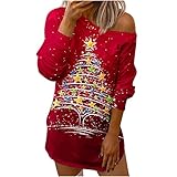 WANGTIANXUE Damen Weihnachten Sweatshirt Schräger Kragen Pullover Weihnachtsbaum und Xmas Druck Nackte Schultern Langarmshirt Teenager Mädchen F