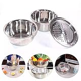 Multifunktionale dicke Käsereibe aus Edelstahl, Werkzeug zum Reiben von Käse, Schneiden von Gemüse und Waschen von Obst, mit Rührschüssel und Wasserfilter (3 in 1)