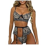 UINGKID HEXILIN Damen Spitze Stickerei Dessous Set BH Tanga Mit Strumpfband Dessous Unterwäsche 3 Stück/S