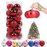Weihnachtskugeln Baumschmuck, Glas Christbaumkugeln 24 Stück Dekokugeln Weihnachten, Matt Glänzend Glitzernd Dekokugeln für Party, Weihnachten Hochzeitsfest, Weihnachtsschmuck (rot)