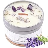 Duftkerze Bio Soja Kerze mit Lavendel und Natürlicher Kristall, Handgemachtes Kerze Geschenk Holzdocht Brennen 50 Stunden 200g (Lavendel)