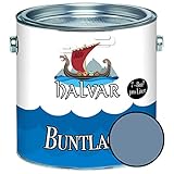 Halvar Buntlack für Holz & Metall SEIDENMATT Blau RAL 5000-5024 Holzfarbe Holzlack Innen & Außen robuster Kunstharzlack Wetterbeständig & perfekter Langzeitschutz (1 L, RAL 5014 Taubenblau)