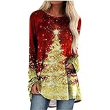 XUNN Weihnachten Langarmshirt Damen lockere Bluse 3D Weihnachtsbaum-Print Rundhals-Langarmbluse Longshirt Bluse Tunika Oberteile Weihnachtsoberteil Weihnachtsshirt mit Langen Ä