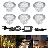 Treppen Bodeneinbaustrahler 6er Set, IP67 Wasserdicht Terrassen Einbaustrahler Ø60mm Aussen LED Bodeneinbauleuchten, DC 12V 1.5W LED Einbaustrahler für Küche Garten Treppen Balkon Terrasse, Warmes Weiß