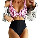 Damen Bikini Sexy V Ausschnitt Leopard Bedruckte Badeanzug Schwarz Hohem Bund Bikinihose Leicht Atmungsaktiv 2 Stück Tankini Set Frühling Sommer Sportliche Badeanzug