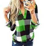 Eogrokerr Casual Shirt Plaid Printed Tops, V-Ausschnitt Langarm Bluse, Lose Blockfarbe T-Shirt für Frauen Grü