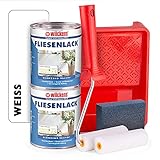 Wilckens Fliesenlack weiß glänzend - 6 Dosen Fliesenfarbe weiß 750ml im Set mit Malerbügel inkl. 6 Lackwalzen, Farbwanne & Schleifschwamm zum Fliesen streichen für ca. 64