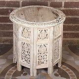Casa Moro Orientalischer Beistelltisch Nassiba 46x46x46 cm (B/T/H) rund in Shabby weiß aus Massivholz Mango geschnitzt | Kunsthandwerk aus Marrakesch | Vintage Sofatisch Couchtisch | NH09204