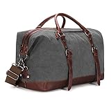 BAOSHA HB-14 Vintage Segeltuch Canvas PU Leder Unisex Handgepäck Reisetasche Sporttasche Weekender Tasche für Kurze Reise am Wochenend Urlaub Arbeitstasche 40 Liter Aktualisiert (Grau)