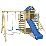 WICKEY Spielturm Klettergerüst Smart Cave mit Schaukel & blauer Rutsche, Baumhaus mit Sandkasten, Kletterleiter & Spiel-Zubehö
